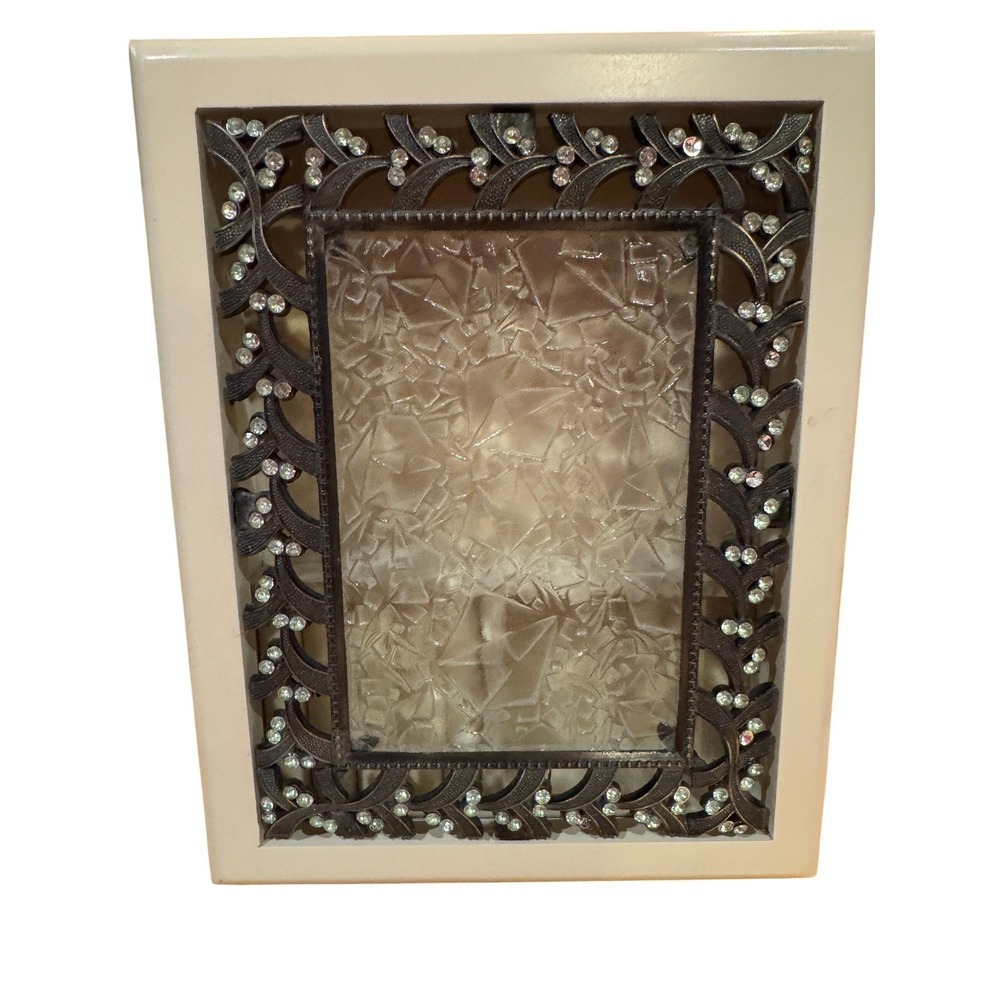 Ornate Rhinestone Filigree Cream‎ Bronze Tone Textured Glass Jewelry box